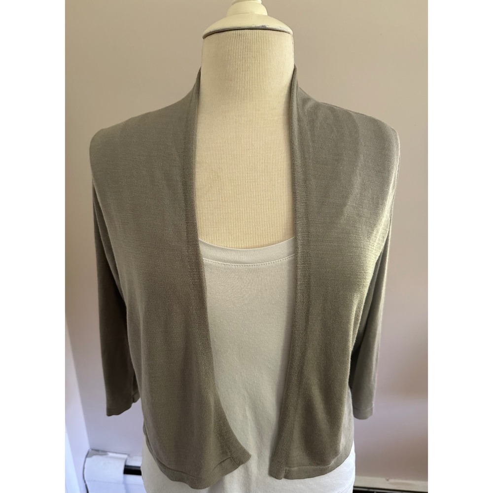 Eileen Fisher 100% Silk Open Front Cardigan Sage Green Cropped Sweater Medium